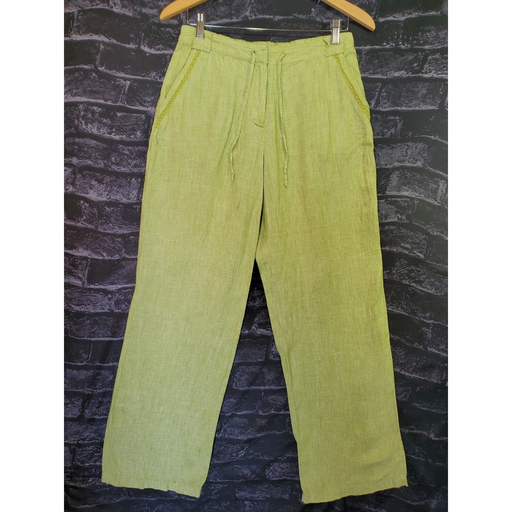 J.Jill 100% Linen Wide Leg Elastic Waist Casual Pants Womens 6 Green Pockets Tie
